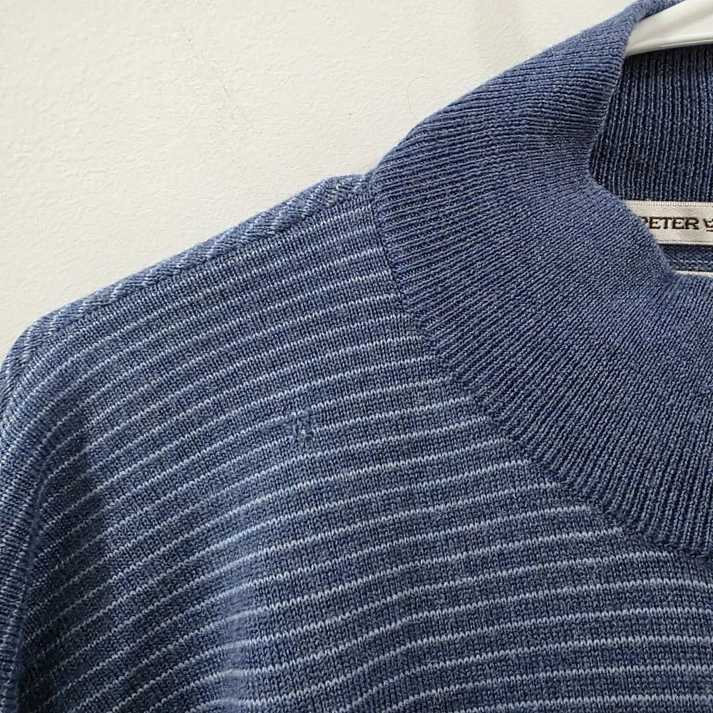 Peter Millar Mens Merino Wool Sweater Size XL 1/4 Zip Striped Golf‎ Cozy Blue